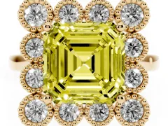 Fancy Yellow Asscher Cut Diamond Cluster Halo Ring Set in Yellow gold with Milgrain Bezel Accents and Plain Band
