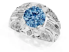 Fancy Blue Round Cut Diamond Art Deco Ring Set in Platinum with Pavé Split Shank