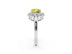 Fancy Yellow Princess Cut Diamond Milgrain Halo Solitaire Ring Set in White gold with Bezel Set Side Stones and Pavé Band