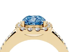 Fancy Blue Cushion Cut Diamond Pavé Halo Ring Set in Yellow gold with Prong Setting