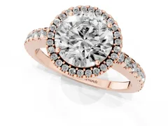 Round Cut Diamond Halo Ring Set in Rose gold with Pavé Shoulders and Halo-Framed Center