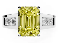 Fancy Yellow Emerald Cut Diamond Solitaire Ring Set in Silver with Channel-Set Accent Stones and Prong Setting