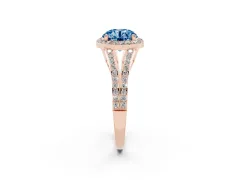 Fancy Blue Round Cut Diamond Halo Split Shank Ring Set in Rose gold with Accent Stones and Prong Setting