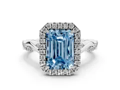 Fancy Blue Emerald Cut Diamond Halo Twist Band Solitaire Ring Set in Silver with Prong Setting