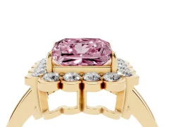 Fancy Pink Princess Cut Diamond Halo Cluster Engagement Ring Set in Yellow gold with Solitaire Band and Prong Setting