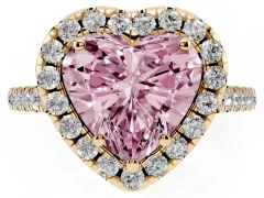 Fancy Pink Heart Cut Diamond Pavé Halo Engagement Ring Set in Yellow gold with Pavé Band and Prong Setting