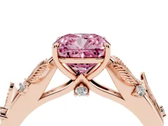Fancy Pink Cushion Cut Diamond Solitaire Ring Set in Rose gold with Leaf Motif Band