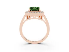 Fancy Green Asscher Cut Diamond Halo Ring Set in Rose gold with Accent-Lined Split Shank and Prong Setting