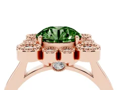 Fancy Green Round Cut Diamond Cluster Halo Ring Set in Rose gold with Milgrain Bezel Accents and Plain Band