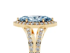 Fancy Blue Marquise Cut Diamond Halo Split Shank Pavé Ring Set in Yellow gold with Prong Setting