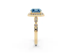 Fancy Blue Asscher Cut Diamond Halo Engagement Ring Set in Yellow gold with Twisted Band and Prong Setting