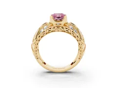 Fancy Pink Radiant Cut Diamond Art Deco Ring Set in Yellow gold with Pavé Split Shank