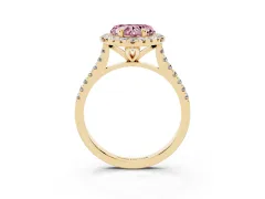 Fancy Pink Heart Cut Diamond Cushion Halo Ring Set in Yellow gold with Pavé Band