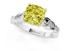 Fancy Yellow Cushion Cut Diamond Vine Band Solitaire Ring Set in White gold with Milgrain Prong Setting
