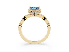 Fancy Blue Princess Cut Diamond Halo Twist Band Solitaire Ring Set in Yellow gold with Prong-Set Center Stone