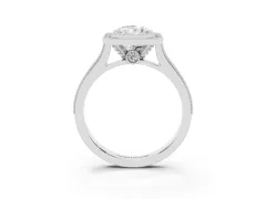 Radiant Cut Diamond Halo Milgrain Pavé Band Ring Set in White gold with Prong Setting