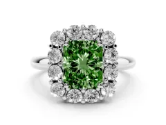 Fancy Green Radiant Cut Diamond Halo Cluster Engagement Ring Set in Platinum with Polished Band and Prong Setting