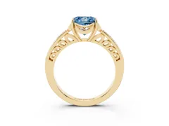 Fancy Blue Princess Cut Diamond Halo Ring Set in Yellow gold with Channel Set Band and Prong Setting
