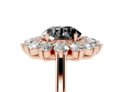 Fancy Black Round Cut Diamond Floral Double Halo Ring Set in Rose gold with Round Petals