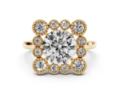 Round Cut Diamond Cluster Halo Ring Set in Yellow gold with Milgrain Bezel Accents and Plain Band