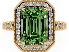 Fancy Green Emerald Cut Diamond Milgrain Halo Solitaire Ring Set in Yellow gold with Bezel Set Side Stones and Pavé Band