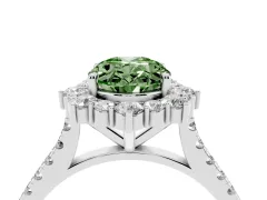 Fancy Green Oval Cut Diamond Halo Ring Set in Platinum with Pavé Band and Prong Setting