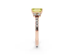 Fancy Yellow Emerald Cut Diamond Three-Stone Pavé Ring Set in Rose gold with Prong Setting