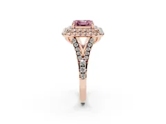 Fancy Pink Asscher Cut Diamond Double Halo Ring Set in Rose gold with Pavé Split Shank and Prong Setting