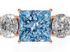Fancy Blue Princess Cut Diamond Three-Stone Ring Set in Rose gold with Round Side Stones and Classic Band