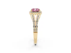 Fancy Pink Cushion Cut Diamond Halo Split Shank Pavé Ring Set in Yellow gold with Prong Setting