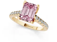 Fancy Pink Emerald Cut Diamond Solitaire Ring Set in Yellow gold with Brilliant Pavé Band and Prong Setting
