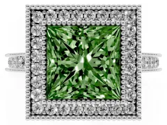 Fancy Green Princess Cut Diamond Halo Milgrain Pavé Band Ring Set in Silver with Prong Setting