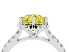 Fancy Yellow Cushion Cut Diamond Solitaire Ring Set in Platinum with Pavé Band and Floral Prong Setting