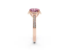 Fancy Pink Radiant Cut Diamond Halo Ring Set in Rose gold with Channel Set Band and Prong Setting