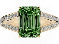 Fancy Green Emerald Cut Diamond Split Shank Pavé Engagement Ring Set in Yellow gold with Prong-Held Center Stone