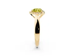 Fancy Yellow Heart Cut Diamond Halo Solitaire Engagement Ring Set in Yellow gold with Square Band and Prong Setting
