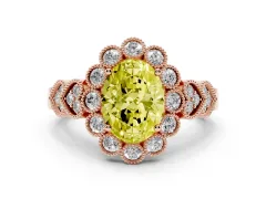 Fancy Yellow Oval Cut Diamond Solitaire Ring Set in Rose gold with Milgrain Pavé Heart Band