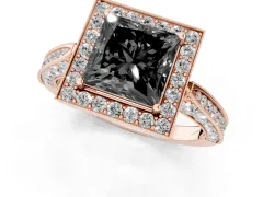 Fancy Black Princess Cut Diamond Halo Engagement Ring Set in Rose gold with Accent Split Shank Band