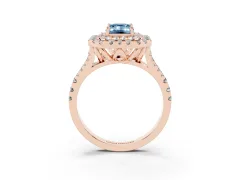 Fancy Blue Emerald Cut Diamond Double Halo Ring Set in Rose gold with Pavé Split Shank and Prong Setting