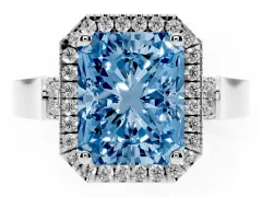 Fancy Blue Radiant Cut Diamond Halo Ring Set in Platinum with Pavé-Lined Split Shank Band