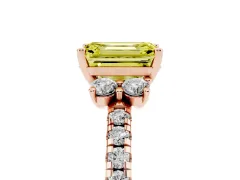 Fancy Yellow Emerald Cut Diamond Three-Stone Pavé Ring Set in Rose gold with Prong Setting