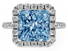 Fancy Blue Princess Cut Diamond Halo Pavé Engagement Ring Set in Platinum with Prong Setting