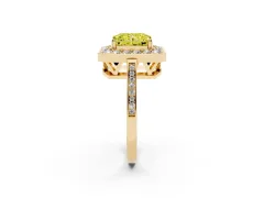 Fancy Yellow Radiant Cut Diamond Halo Ring Set in Yellow gold with Accent-Lined Split Shank and Prong Setting