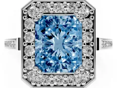 Fancy Blue Radiant Cut Diamond Halo Ring Set in Platinum with Accent-Lined Split Shank and Prong Setting