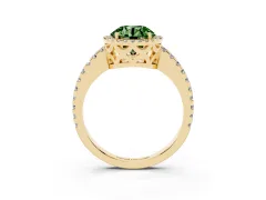 Fancy Green Round Cut Diamond Halo Ring Set in Yellow gold with Pavé Shoulders and Halo-Framed Center