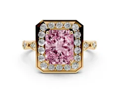 Fancy Pink Radiant Cut Diamond Halo Engagement Ring Set in Yellow gold with Twisted Band and Prong Setting