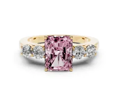 Fancy Pink Radiant Cut Diamond Five-Stone Prong Set Band Ring Set in Yellow gold with Polished Band