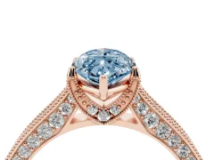 Fancy Blue Marquise Cut Diamond Solitaire Ring Set in Rose gold with Milgrain-Edged Pavé Band and Prong Setting