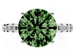 Fancy Green Round Cut Diamond Pavé Solitaire Ring Set in White gold with Round Band Accents and Prong Setting