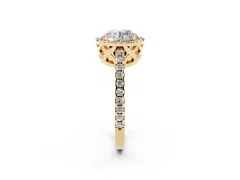 Round Cut Diamond Halo Ring Set in Yellow gold with Pavé Shoulders and Halo-Framed Center